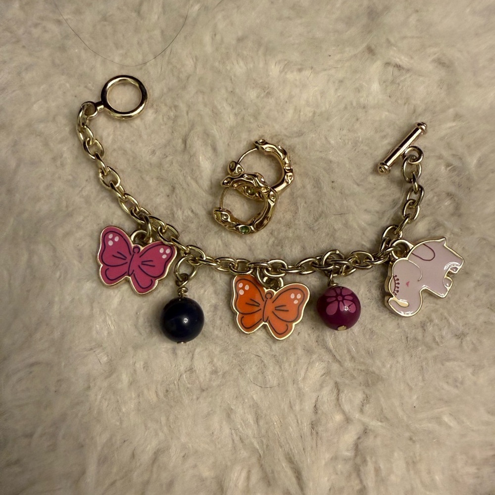 Gold Charm Bracelet with Butterfly & elephant Charms and gold hoop earrings